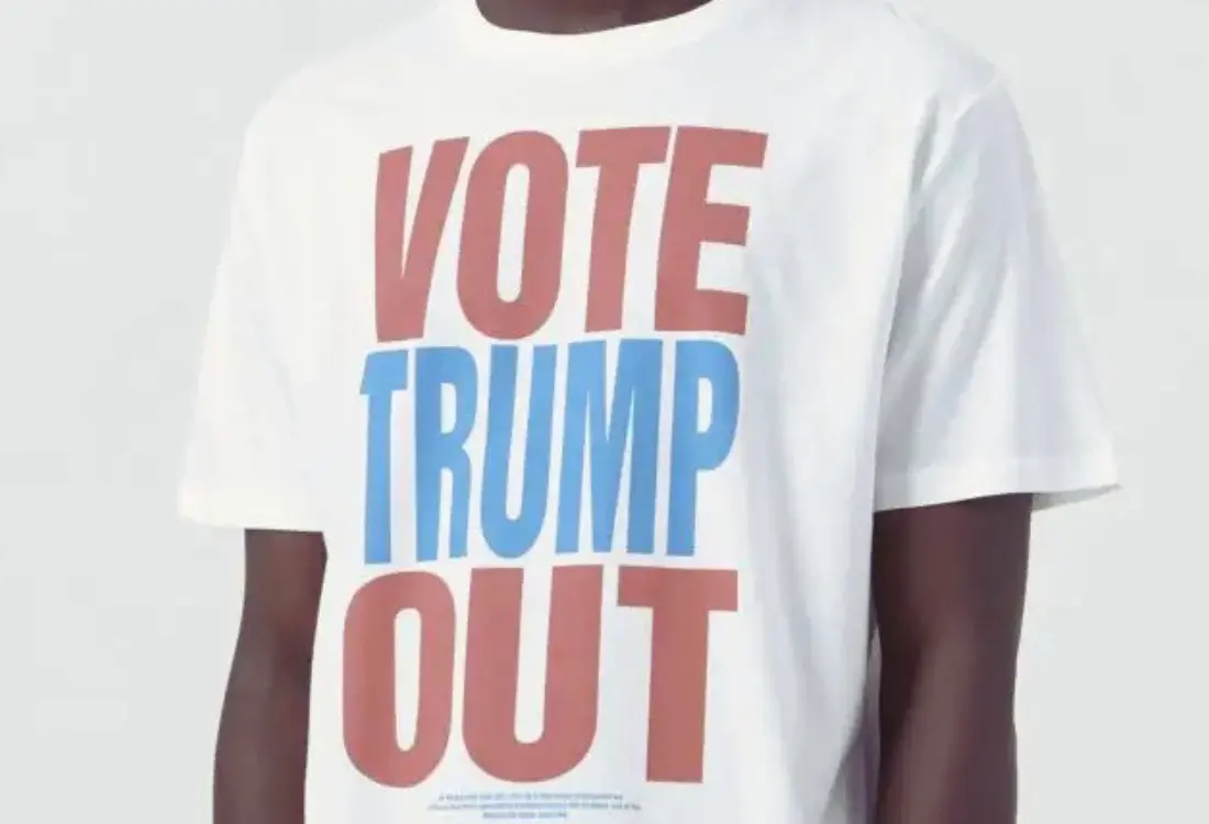 White slogan t-shirt with a bold political message, illustrating how statement t-shirts communicate ideas through fashion.