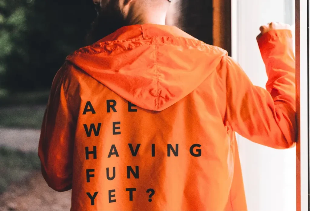 Personalised weatherproof jackets for your company can add a little bit of fun to the workday, like this customized jacket with a print saying "Are we having fun yet?" does.