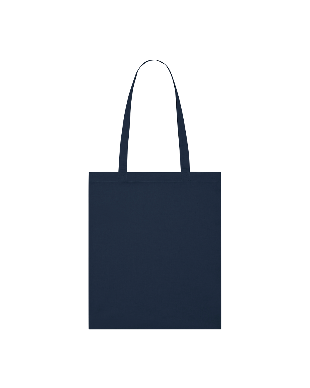 Navy GOTS-certified organic cotton tote bag with reinforced double-fold top and self-fabric shoulder straps.