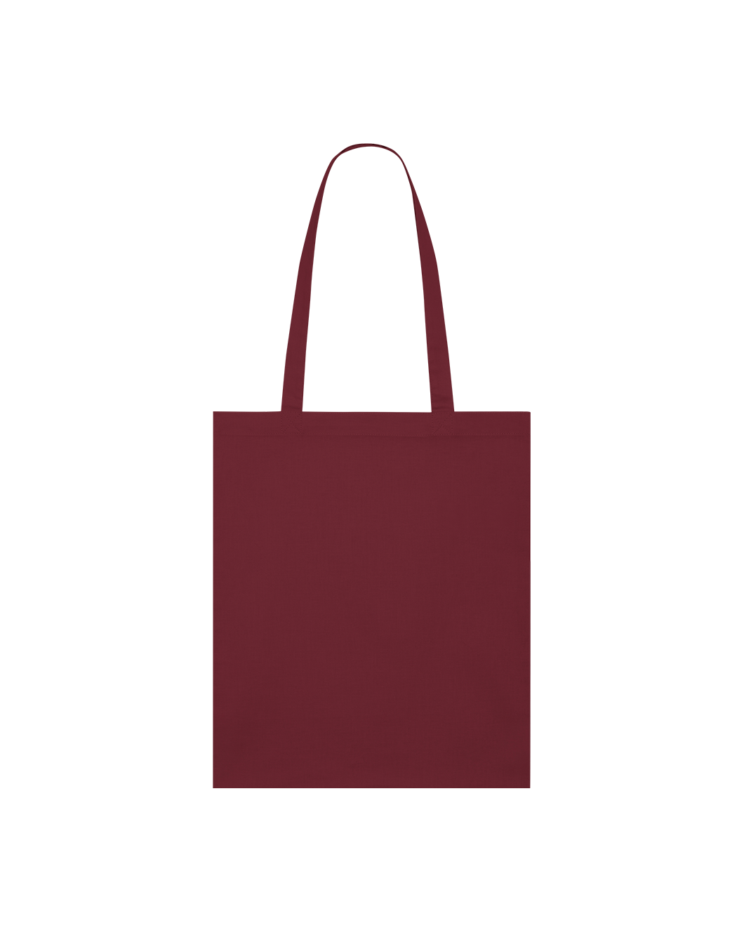 Maroon GOTS-certified organic cotton tote bag with reinforced double-fold top and self-fabric shoulder straps.