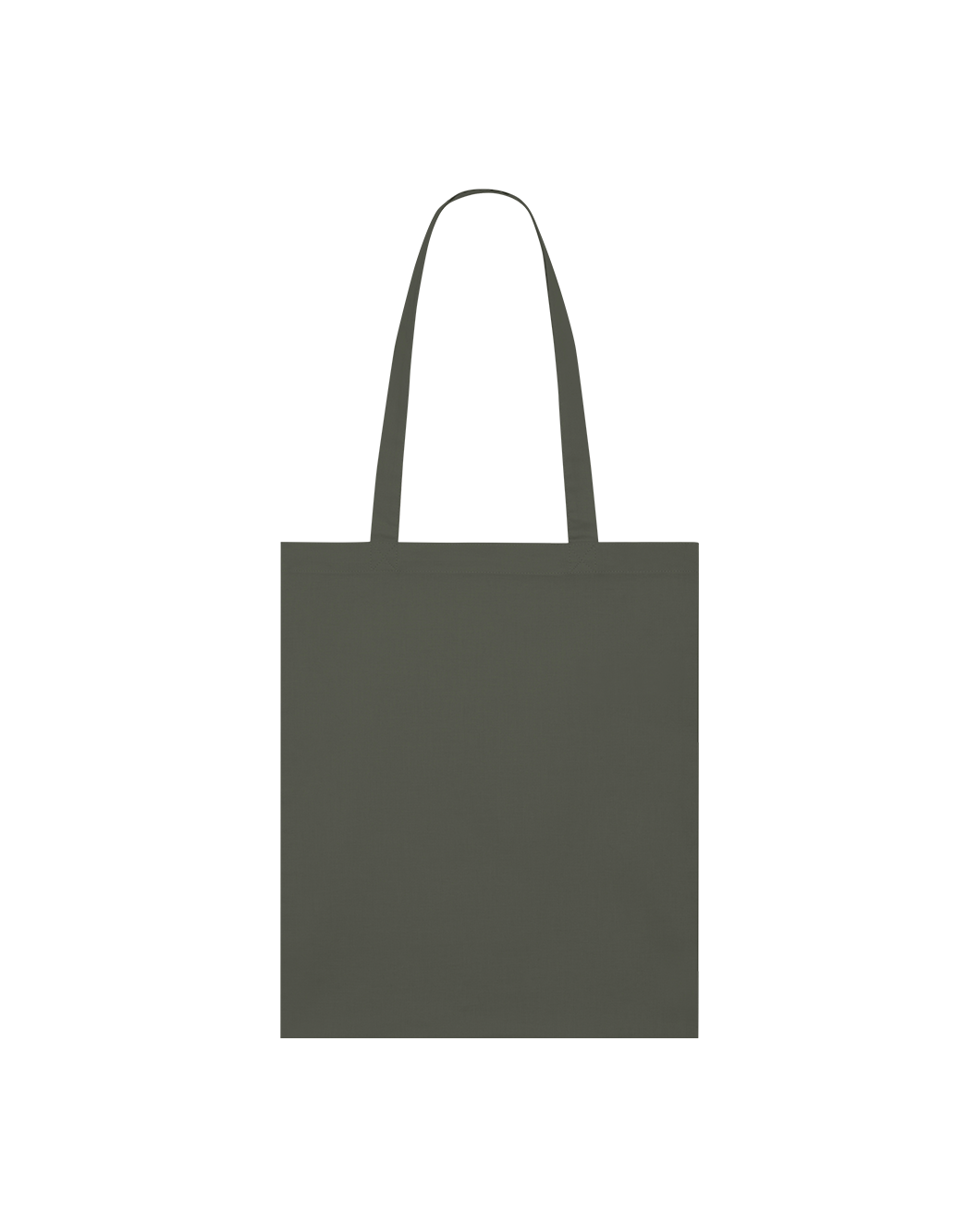 Dark grey GOTS-certified organic cotton tote bag with reinforced double-fold top and self-fabric shoulder straps.