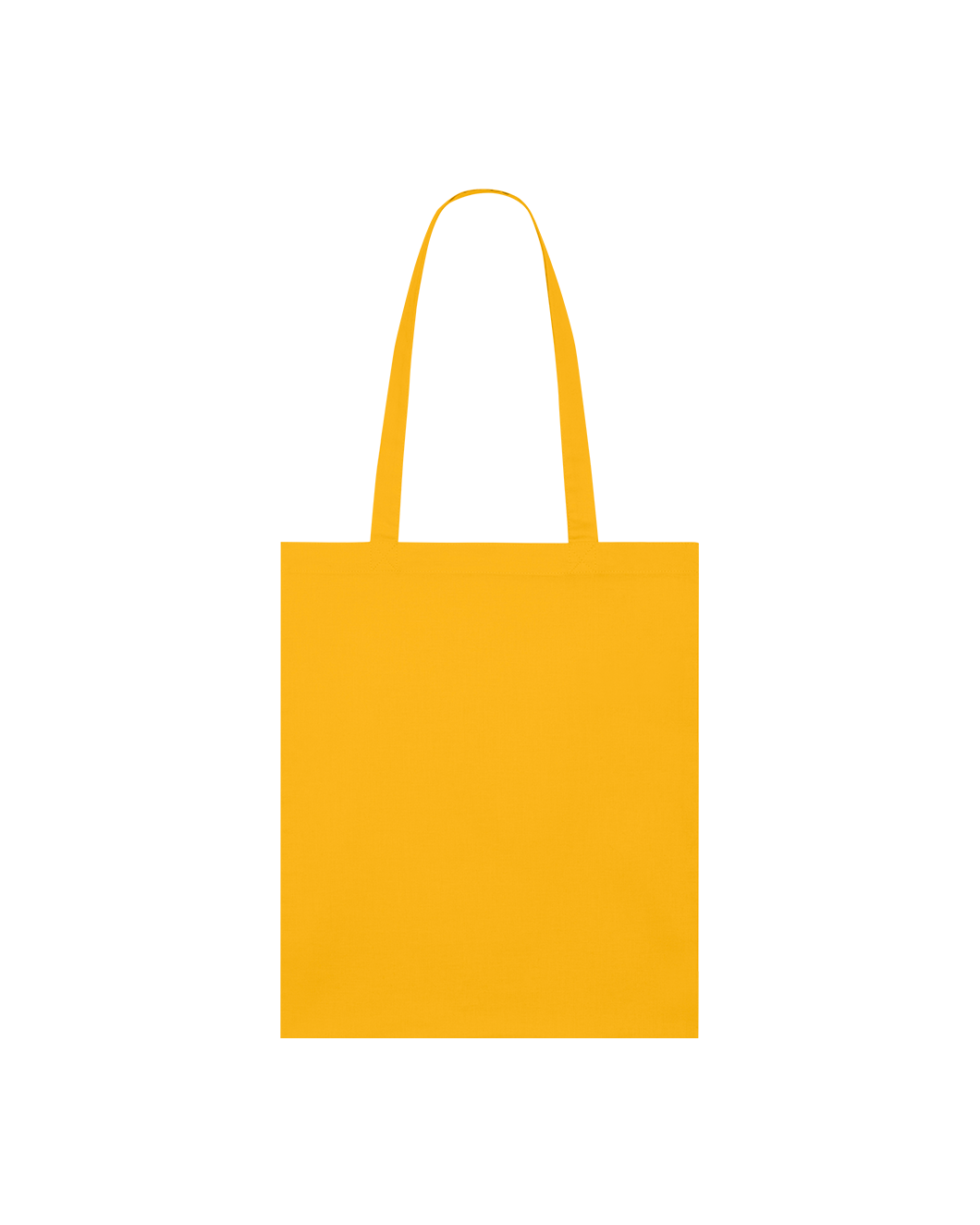 Dark yellow GOTS-certified organic cotton tote bag with reinforced double-fold top and self-fabric shoulder straps.
