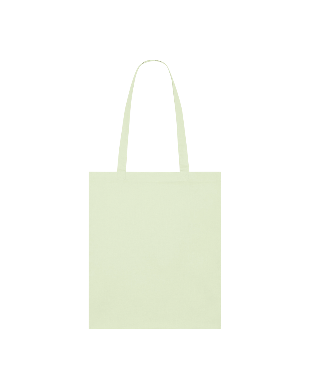 Light green GOTS-certified organic cotton tote bag with reinforced double-fold top and self-fabric shoulder straps.