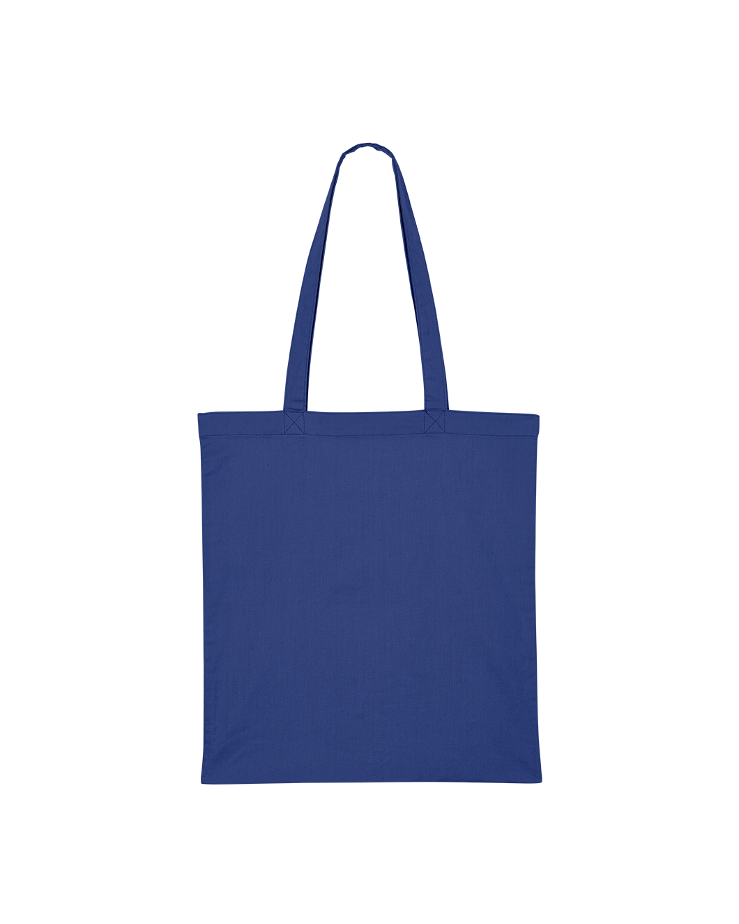 Dark blue GOTS-certified organic cotton tote bag with reinforced double-fold top and self-fabric shoulder straps.