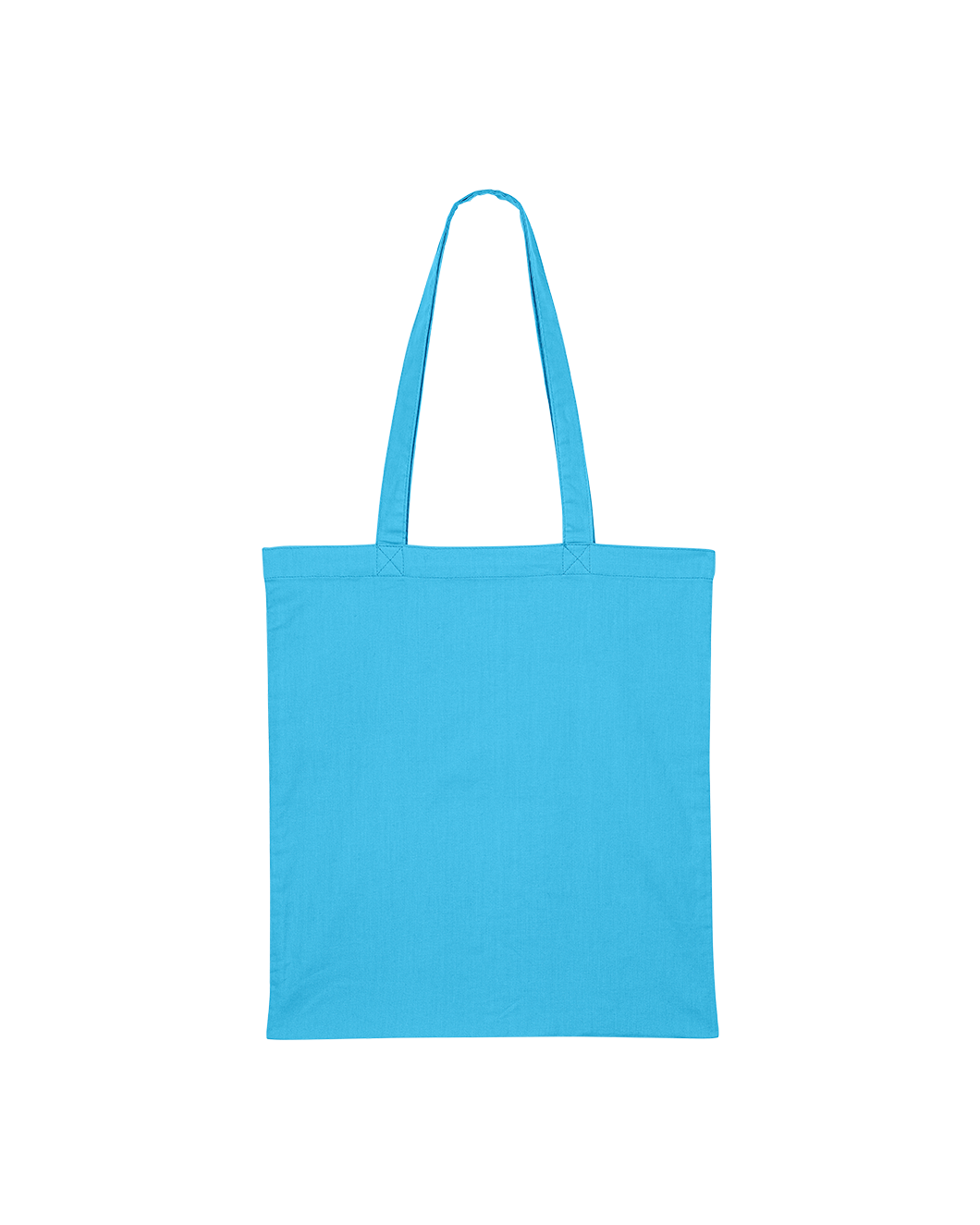 Light blue GOTS-certified organic cotton tote bag with reinforced double-fold top and self-fabric shoulder straps.