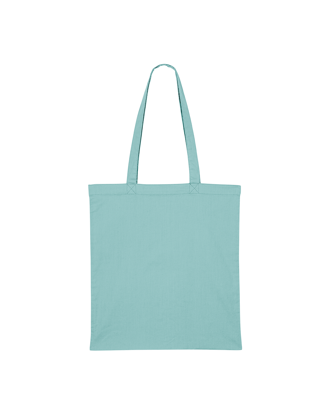 Teal GOTS-certified organic cotton tote bag with reinforced double-fold top and self-fabric shoulder straps.