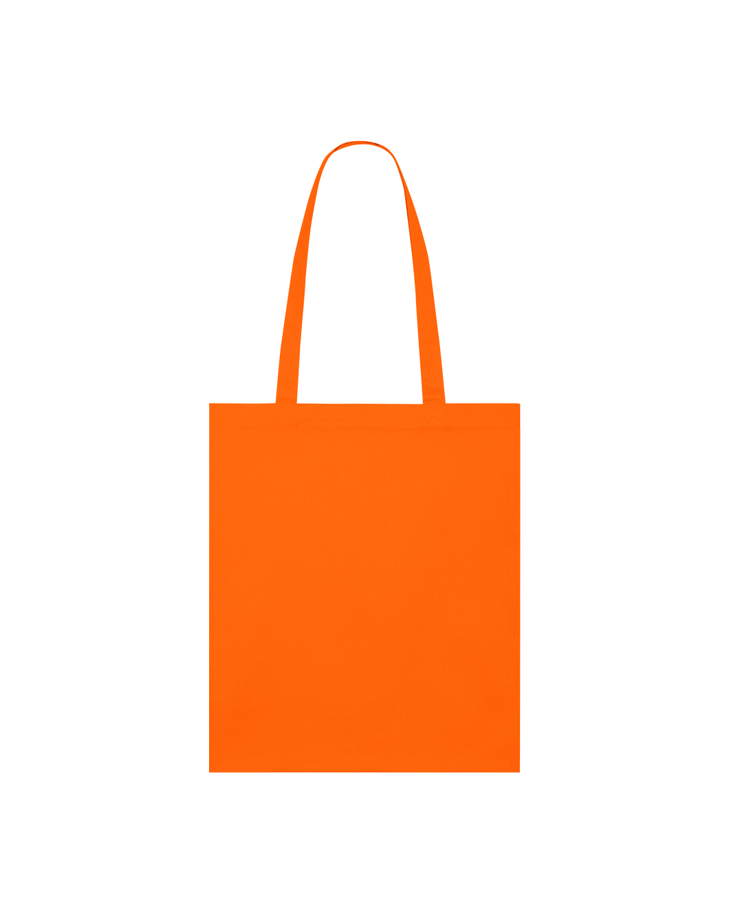 Orange GOTS-certified organic cotton tote bag with reinforced double-fold top and self-fabric shoulder straps.