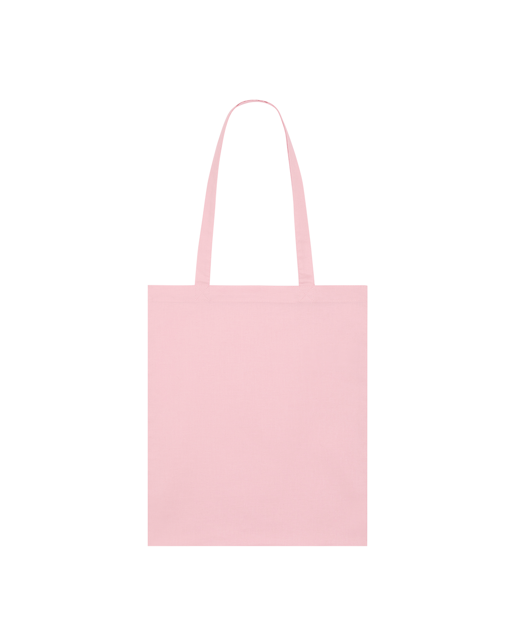 Pink GOTS-certified organic cotton tote bag with reinforced double-fold top and self-fabric shoulder straps.