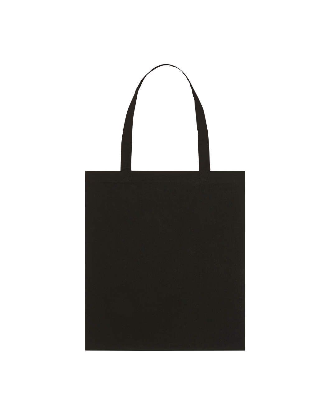 Black GOTS-certified organic cotton tote bag with reinforced double-fold top and self-fabric shoulder straps.