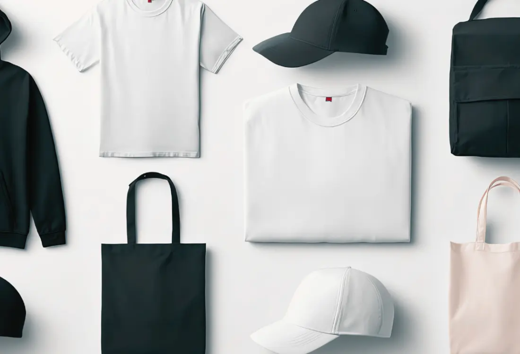 Example of company merch and promo items such as branded clothing, water bottles and tote bags, used to inspire, promote a business, strengthen brand aims and brand image and vision statement, and support internal culture, brand's actions and customer loyalty 