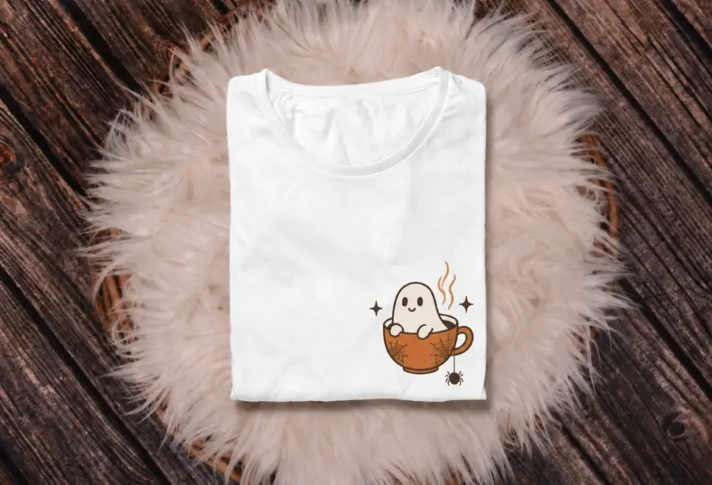 White Halloween T-shirt with a cute ghost in a coffee cup, a playful design for customers searching for subtle Halloween clothing.
