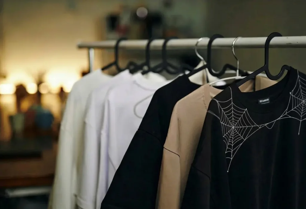 Black Halloween T-shirt with a subtle spiderweb design, part of a range of comfortable seasonal clothing.